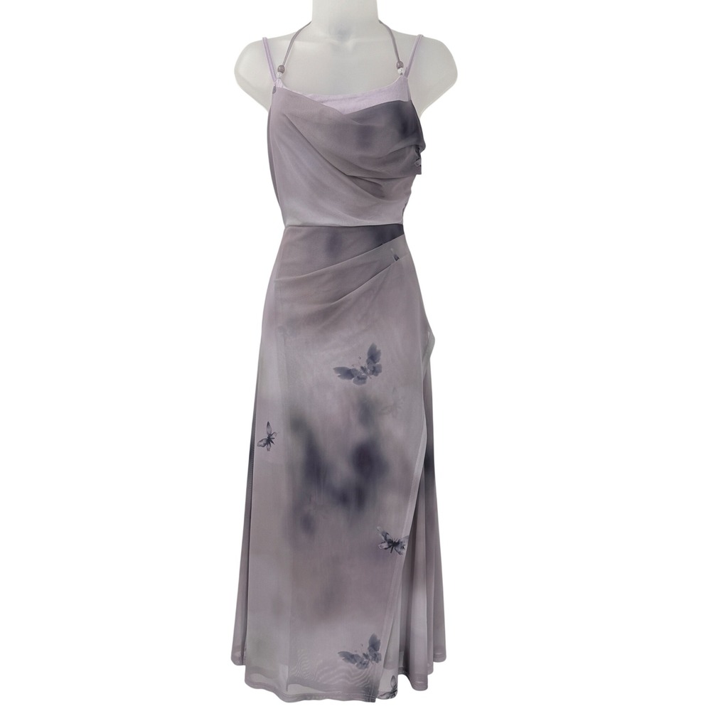 Fairy Grunge Whimsigoth Butterfly Mesh Midi Dress Womens sz L Sheer Purple